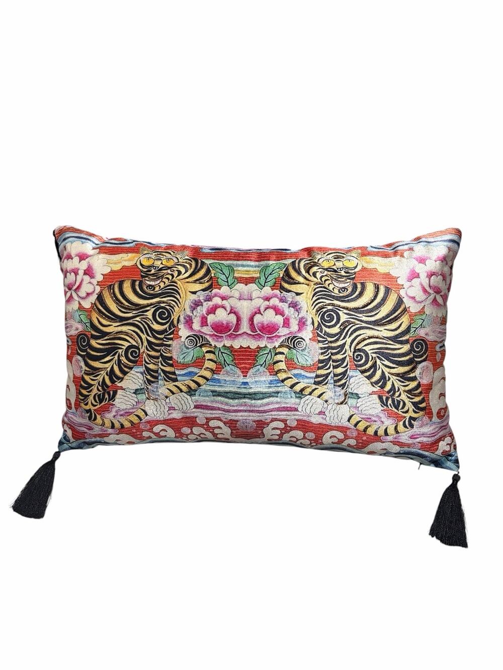 Tiger Chinoiserie Lumbar Pillow 24x12 Velvet Tassel Asian Floral Decorative NWOT